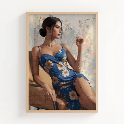 Elegant printable wall art featuring a stylish woman in a floral blue dress, seated gracefully on a chair against a soft, vintage-inspired floral backdrop, evoking sophistication and quiet confidence.