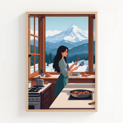 Cozy digital wall art of a woman cooking in a warm kitchen with large windows, overlooking snowy mountains and pine trees