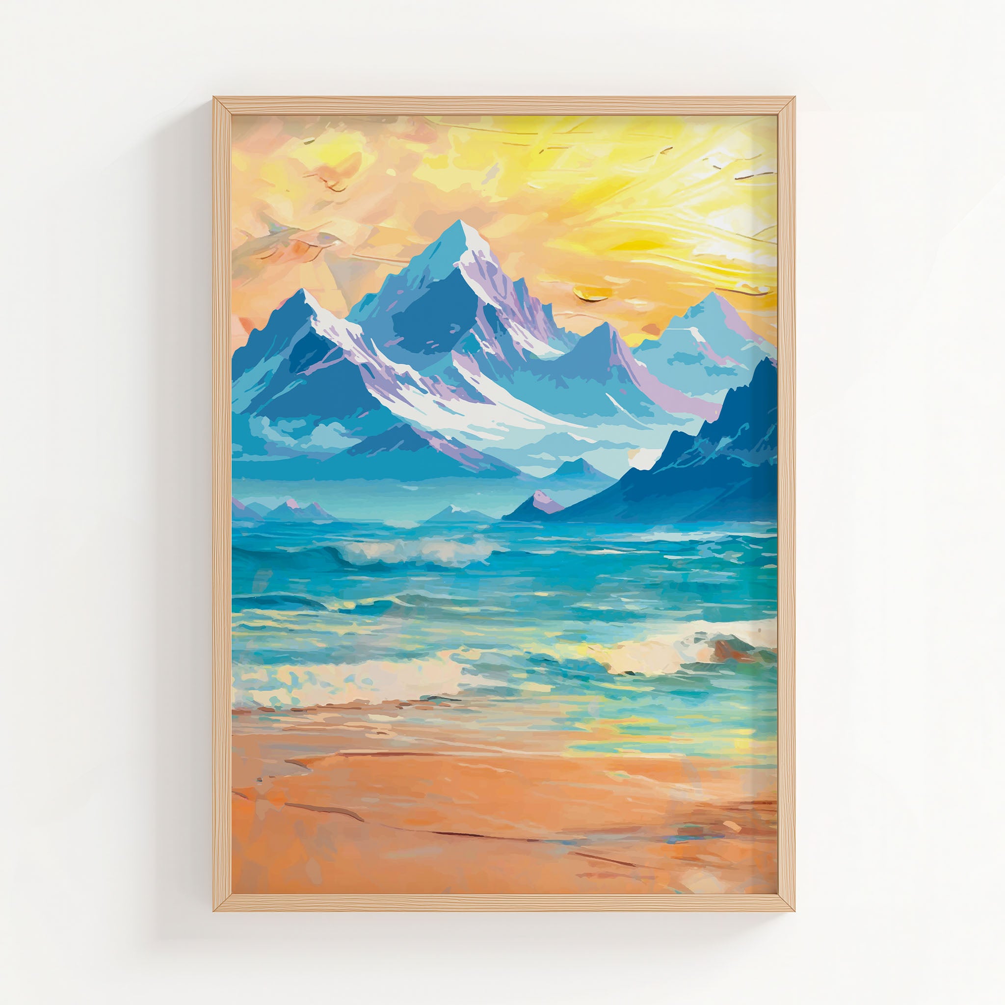 Majestic mountain landscape wall art featuring snow-capped peaks above a serene turquoise lake and sandy shoreline, with a glowing sunrise casting golden hues across the sky