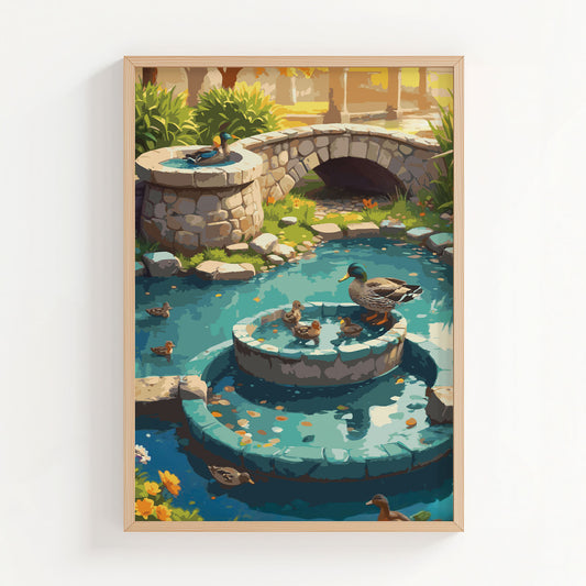 Charming illustrated garden scene featuring ducks and ducklings swimming in a turquoise pond with a tiered stone fountain and a small stone bridge in the background. Surrounded by lush greenery and warm sunlight, the artwork creates a peaceful, storybook countryside atmosphere. Printable Wall Art. Digital Download.