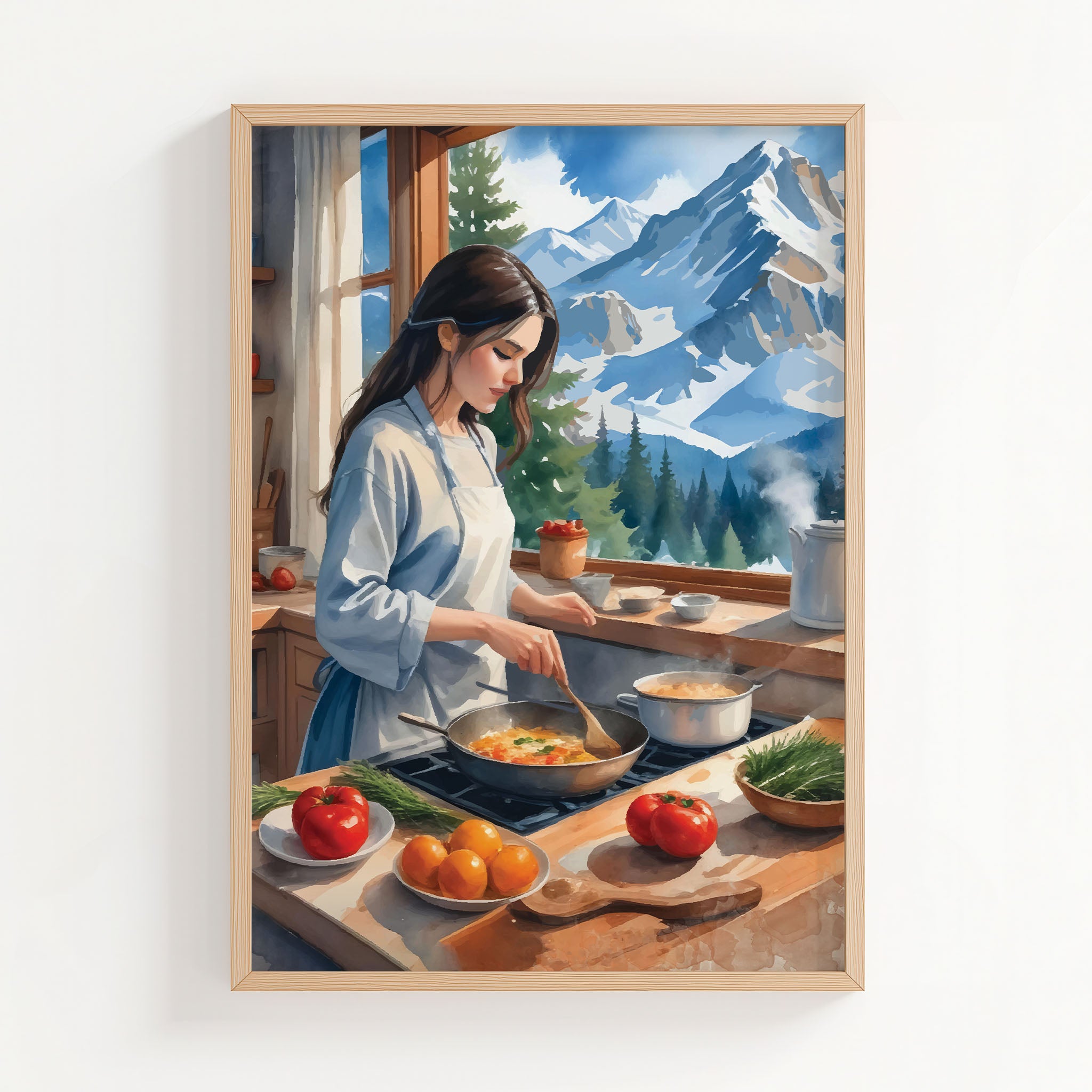Charming digital painting of a woman cooking in a cozy kitchen with a stunning snowy mountain view - warm, rustic printable wall art ideal for kitchen or cabin decor