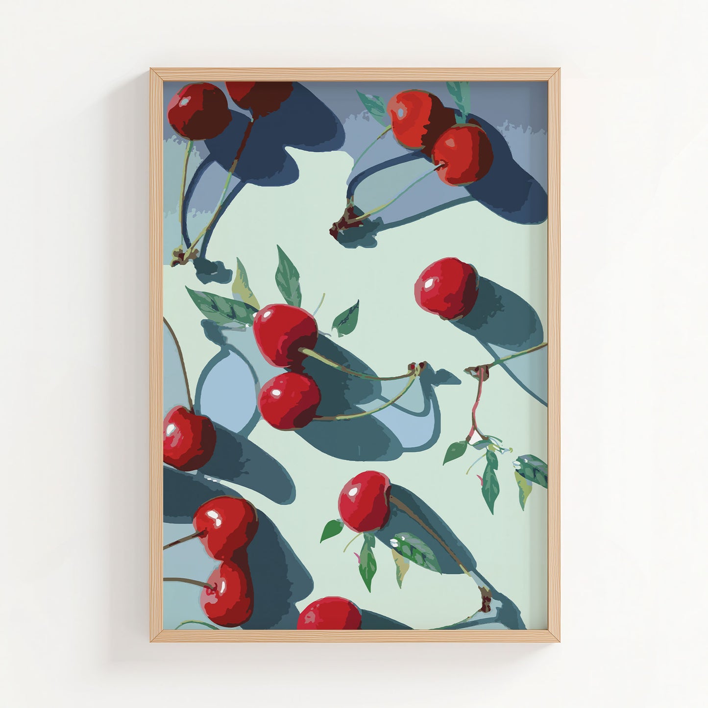 Vibrant printable wall art of glossy red cherries with green leaves casting dramatic shadows on a pale background, bold, modern kitchen or dining room decor
