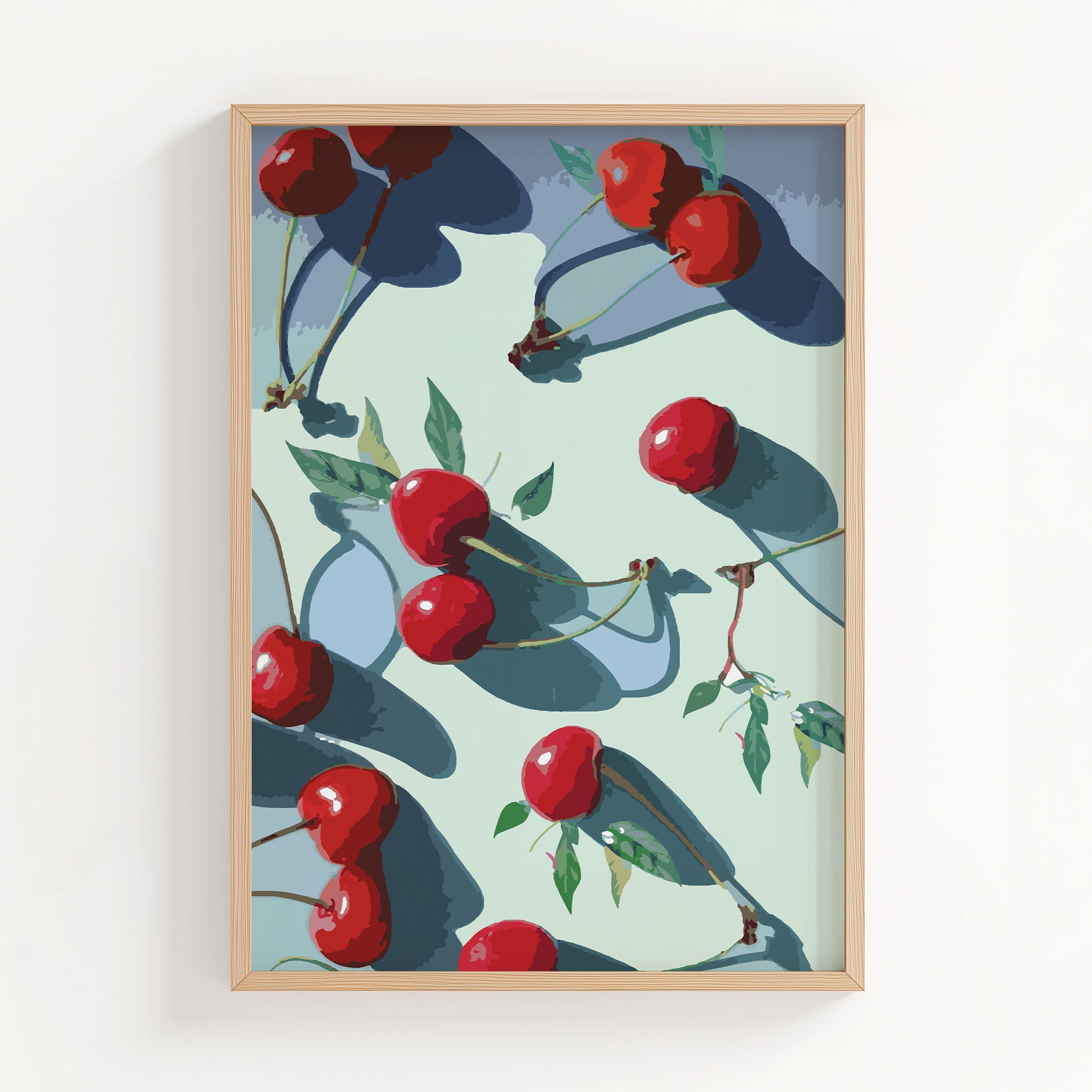 Vibrant printable wall art of glossy red cherries with green leaves casting dramatic shadows on a pale background, bold, modern kitchen or dining room decor
