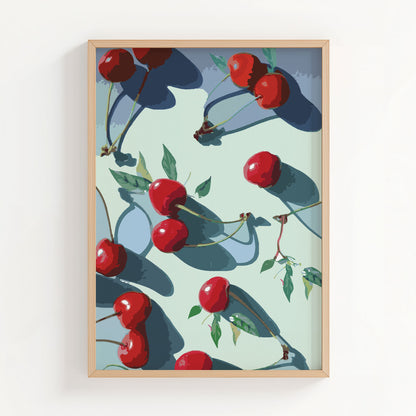 Vibrant printable wall art of glossy red cherries with green leaves casting dramatic shadows on a pale background, bold, modern kitchen or dining room decor