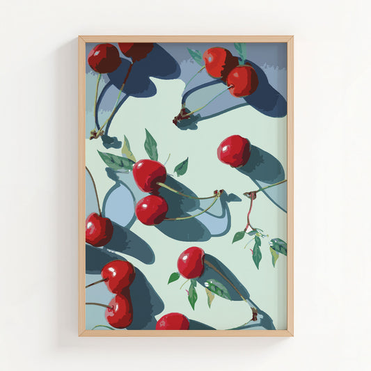 Vibrant printable wall art of glossy red cherries with green leaves casting dramatic shadows on a pale background, bold, modern kitchen or dining room decor
