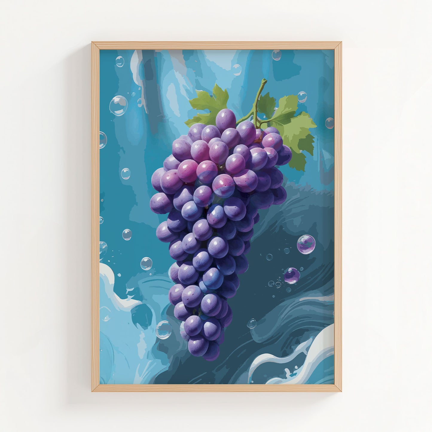 Printable wall art featuring a vibrant bunch of purple grapes with green leaves against a refreshing blue water-inspired background with bubbles, perfect for kitchen, dining room, or wine-themed decor.