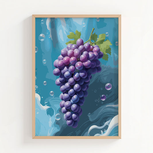 Printable wall art featuring a vibrant bunch of purple grapes with green leaves against a refreshing blue water-inspired background with bubbles, perfect for kitchen, dining room, or wine-themed decor.