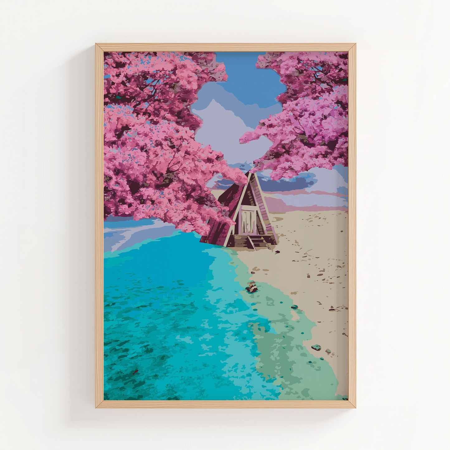 Whimsical beach cabin wall art featuring an A-frame hut nestled between turquoise ocean waves and golden sand, framed by blooming pink cherry blossom trees under a pastel sky
