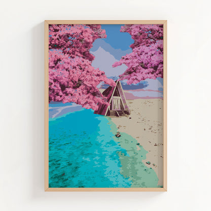 Whimsical beach cabin wall art featuring an A-frame hut nestled between turquoise ocean waves and golden sand, framed by blooming pink cherry blossom trees under a pastel sky