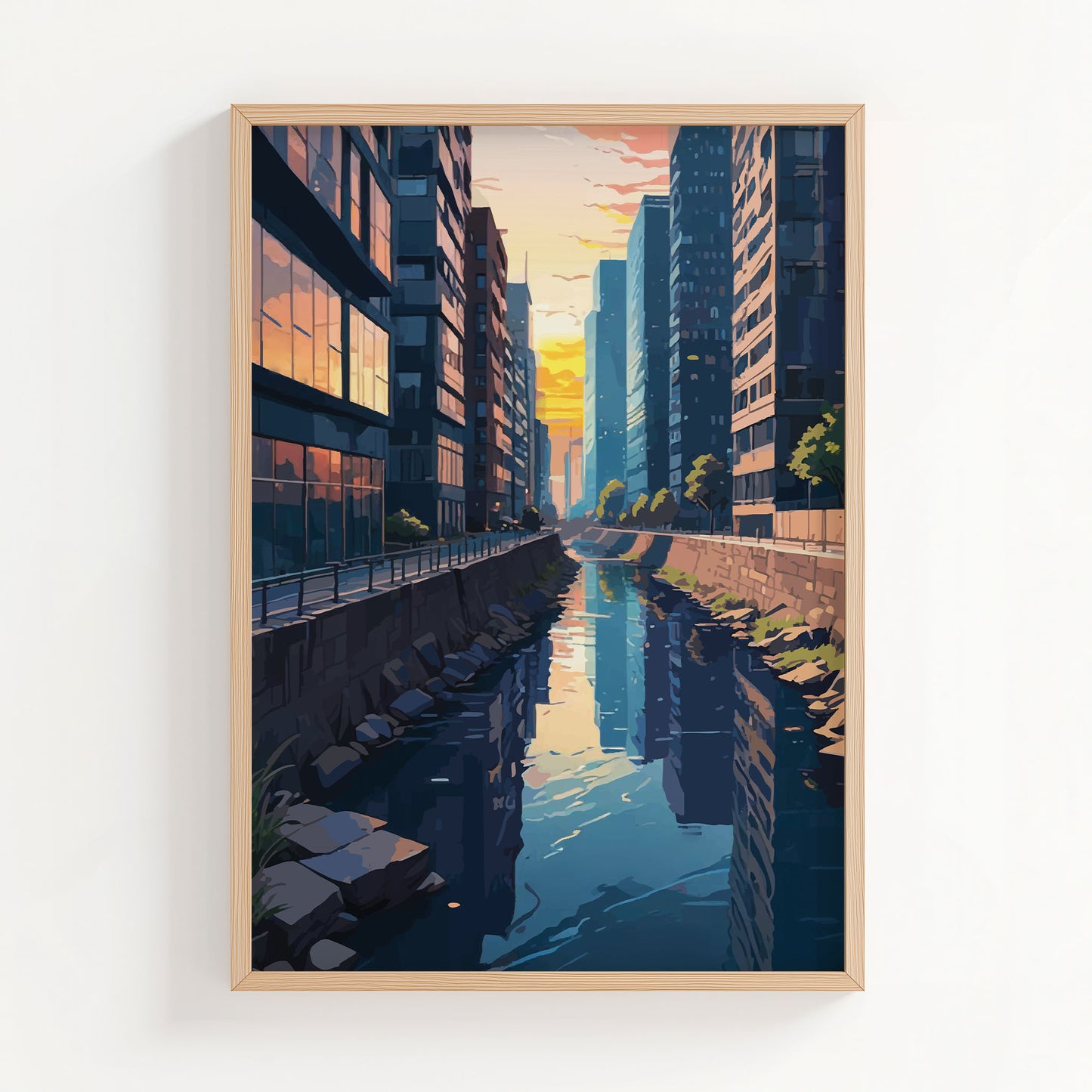 Digital painting of a serene urban canal at sunset, surrounded by tall glass buildings with warm reflections - modern printable wall art perfect for cityscape lovers and contemporary interiors