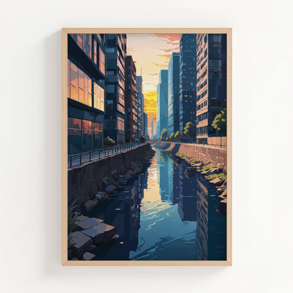 Digital painting of a serene urban canal at sunset, surrounded by tall glass buildings with warm reflections - modern printable wall art perfect for cityscape lovers and contemporary interiors