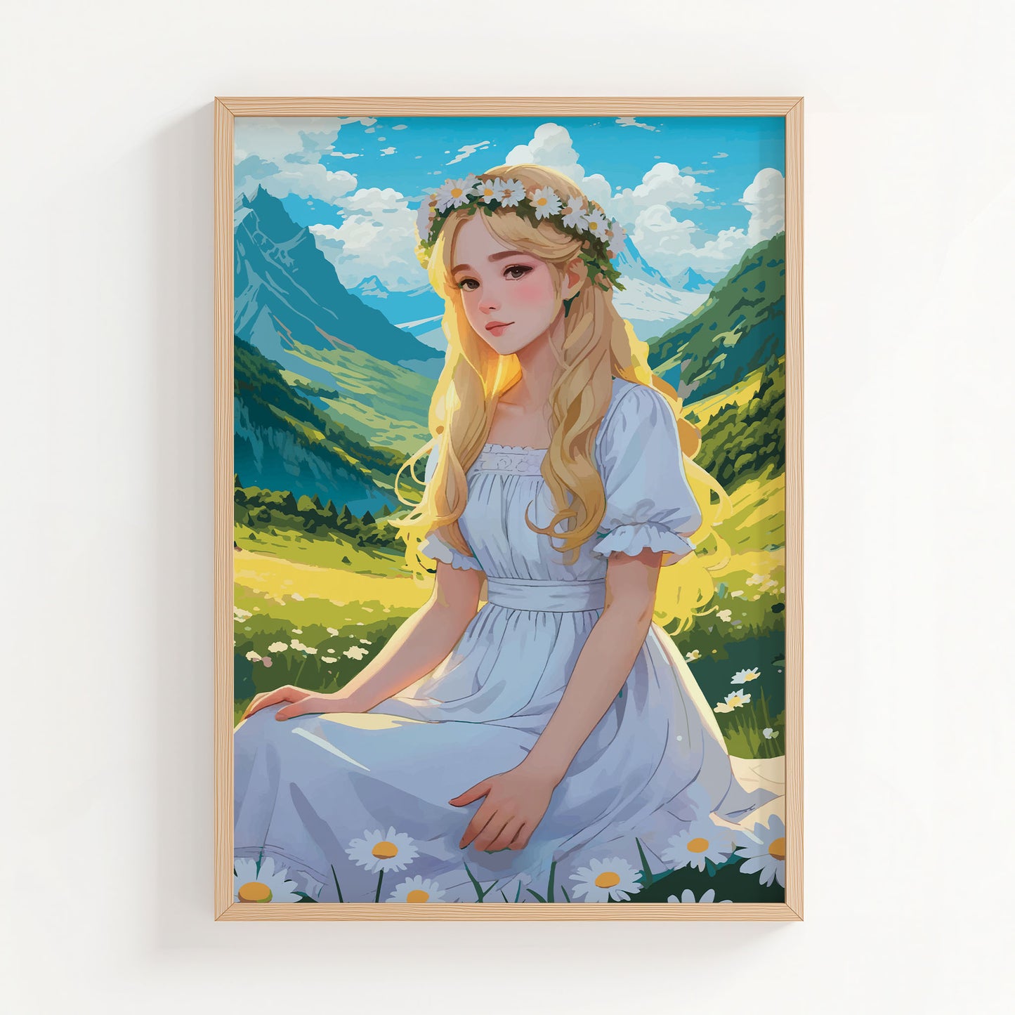 Enchanting digital artwork of a blonde girl in a white dress with a daisy flower crown, seated in a sunlit meadow surrounded by green mountains, fairytale-inspired printable wall art for nature and fantasy lovers