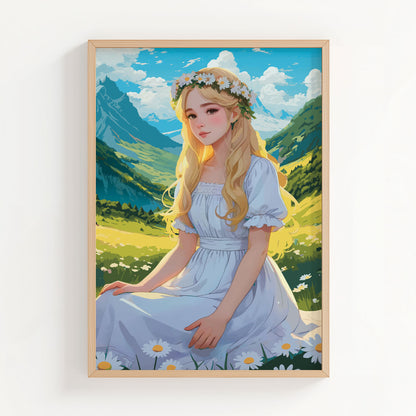 Enchanting digital artwork of a blonde girl in a white dress with a daisy flower crown, seated in a sunlit meadow surrounded by green mountains, fairytale-inspired printable wall art for nature and fantasy lovers