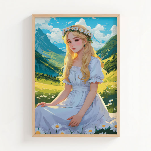 Enchanting digital artwork of a blonde girl in a white dress with a daisy flower crown, seated in a sunlit meadow surrounded by green mountains, fairytale-inspired printable wall art for nature and fantasy lovers