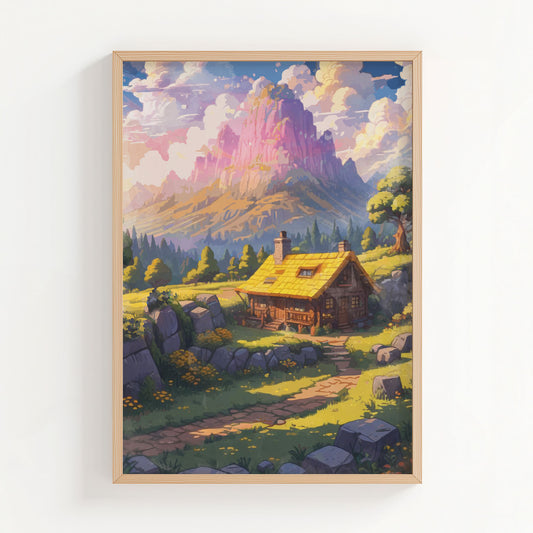 Printable wall art of a cozy wooden cabin with a yellow roof nestled in a sunlit meadow, surrounded by wildflowers, trees, and rocky hills, with majestic pink and purple mountains in the background, perfect for rustic and fantasy-inspired home decor