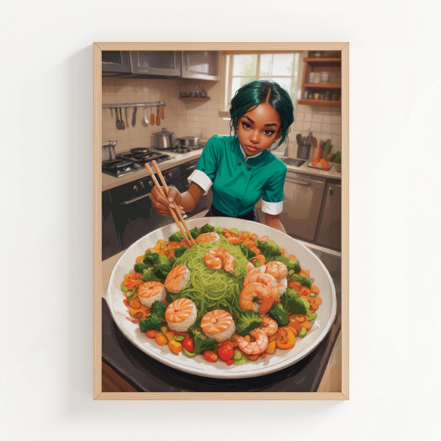 Illustrated scene of a young chef in a green uniform preparing a colourful dish in a bright kitchen. She uses chopsticks to arrange a large platter filled with green noodles, shrimp, broccoli, and vibrant vegetables, creating a fresh and artistic food presentation.