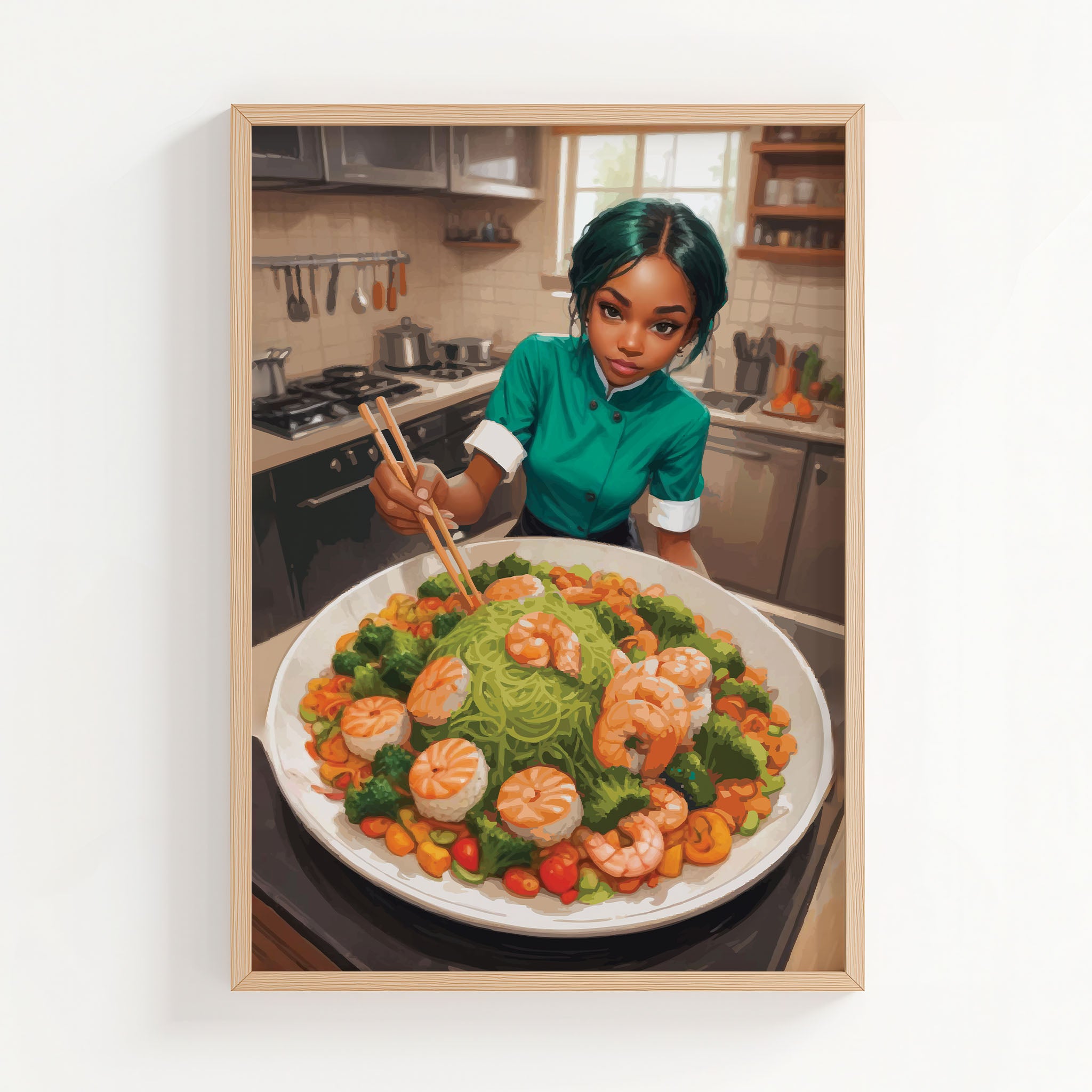 Illustrated scene of a young chef in a green uniform preparing a colourful dish in a bright kitchen. She uses chopsticks to arrange a large platter filled with green noodles, shrimp, broccoli, and vibrant vegetables, creating a fresh and artistic food presentation.