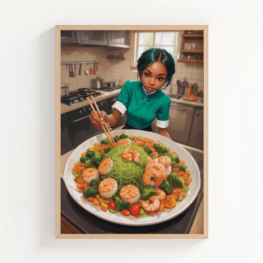 Illustrated scene of a young chef in a green uniform preparing a colourful dish in a bright kitchen. She uses chopsticks to arrange a large platter filled with green noodles, shrimp, broccoli, and vibrant vegetables, creating a fresh and artistic food presentation.