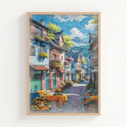 Charming printable wall art of a colorful European-style village street, lined with flower-filled balconies, cobblestone paths, and a market table with fruits and flowers under a sunny blue sky, perfect for travel-inspired, vintage, or Mediterranean-themed decor