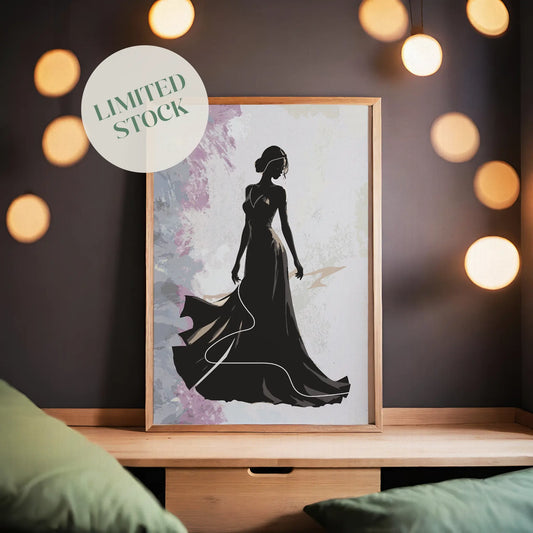 Elegant silhouette of a woman in a flowing evening gown, captured in a graceful pose against a textured abstract background, sophisticated fashion-inspired wall art for modern interiors or dressing rooms.