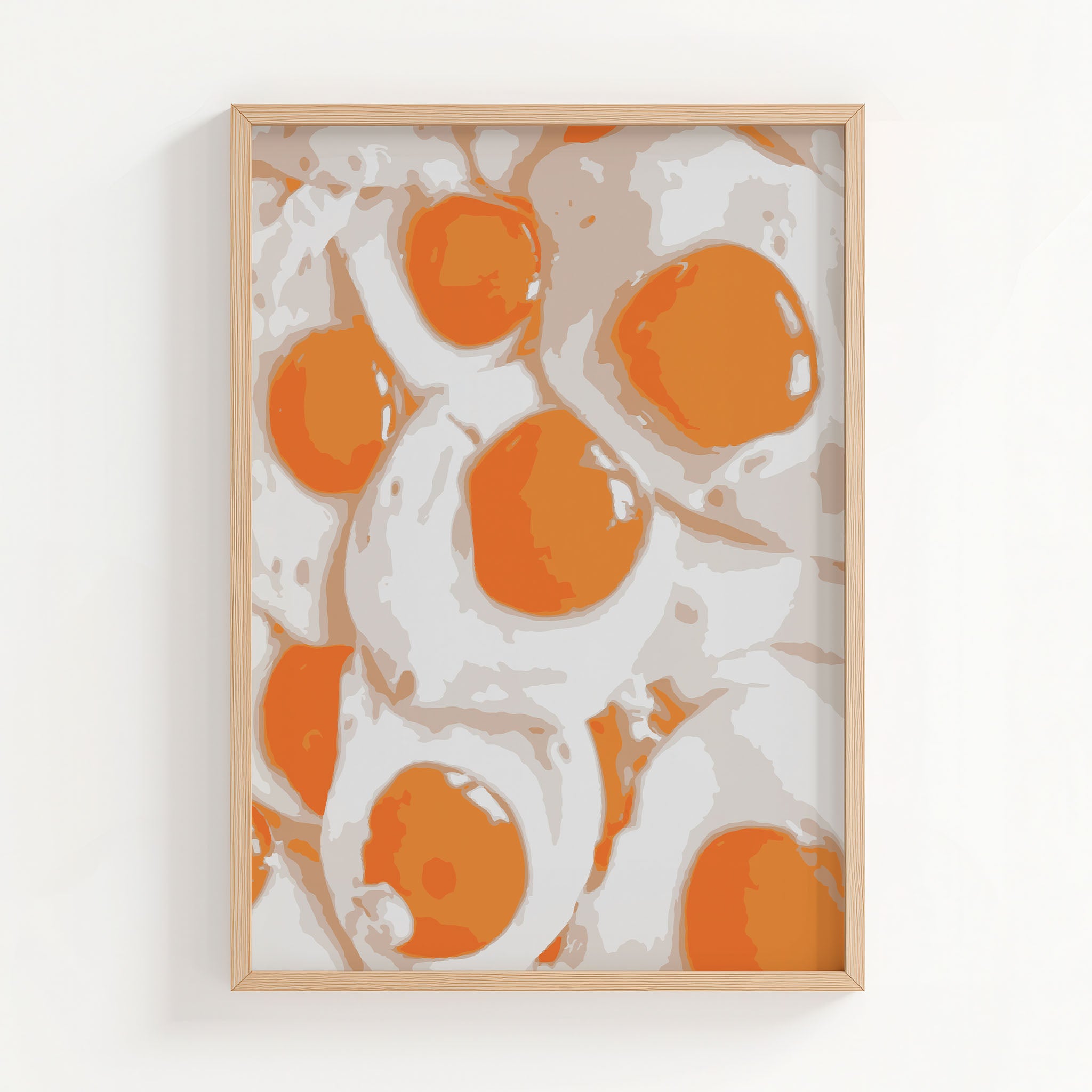 Bold and vibrant wall art print featuring a pattern of sunny-side-up eggs in modern pop-art style, perfect for kitchen decor or food lovers seeking quirky breakfast-themed art