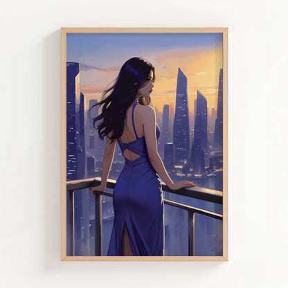 Elegant woman in a blue dress overlooking a modern city skyline at sunset, romantic urban printable wall art, feminine luxury aesthetic digital download, contemporary cityscape wall decor