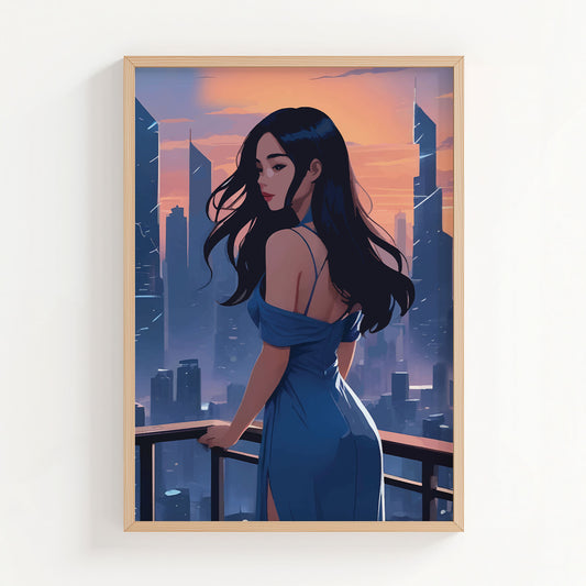 Chic digital artwork of a woman in a flowing blue dress standing on a balcony, overlooking a modern city skyline at sunset, stylish and moody printable wall art