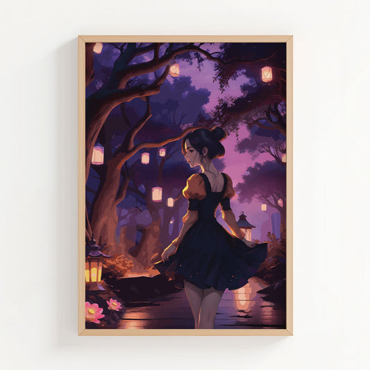 Enchanting digital artwork of a woman in a black dress walking through a magical lantern-lit forest at twilight - dreamy printable wall art perfect for whimsical or fantasy-themed decor
