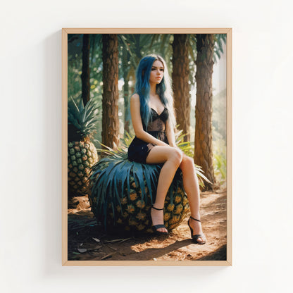 Moody artistic portrait of a woman with long blue hair sitting on a large pineapple in a sunlit forest. She wears a black lace dress and heels, surrounded by tall trees and lush greenery, creating a surreal, whimsical, and slightly mysterious atmosphere with tropical and fantasy elements. Printable Wall Art. Digital Download.