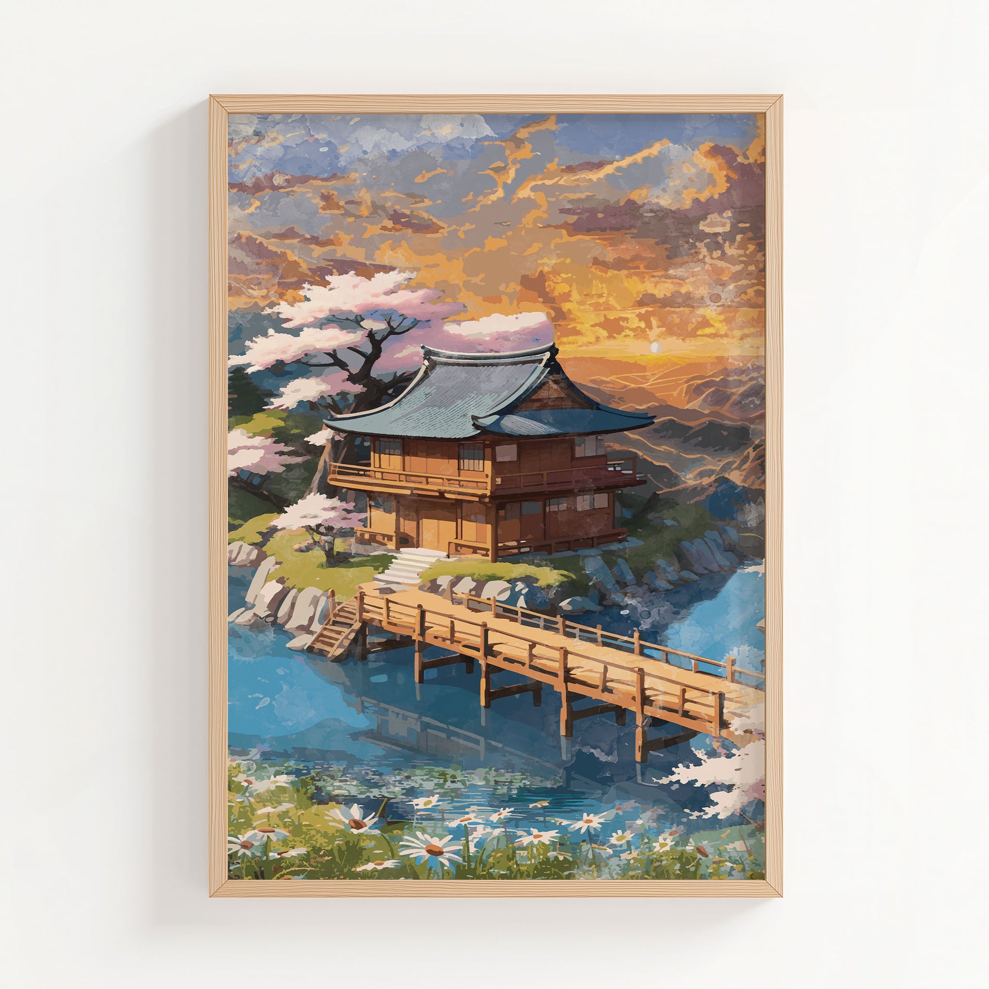 Serene fantasy landscape illustration of a traditional Japanese-style wooden house beside a calm river, connected by a wooden bridge. Surrounded by cherry blossom trees, wildflowers, and lush greenery under a glowing golden sunset sky, the scene evokes tranquility, harmony, and dreamy storybook charm. Printable Wall Art. Digital Download.