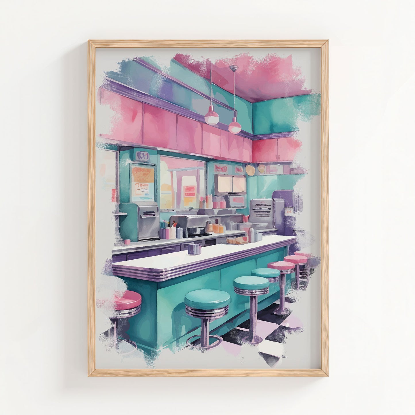 Retro American diner interior illustrated in soft pastel tones, featuring a teal counter, pink and turquoise bar stools, hanging pendant lights, and classic checkerboard flooring. The nostalgic 1950s-style diner scene creates a cozy, vintage atmosphere with a modern aesthetic twist. Digital Download. Printable Wall Art.