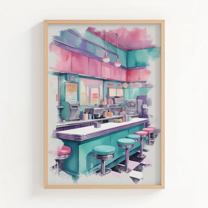 Retro American diner interior illustrated in soft pastel tones, featuring a teal counter, pink and turquoise bar stools, hanging pendant lights, and classic checkerboard flooring. The nostalgic 1950s-style diner scene creates a cozy, vintage atmosphere with a modern aesthetic twist. Digital Download. Printable Wall Art.