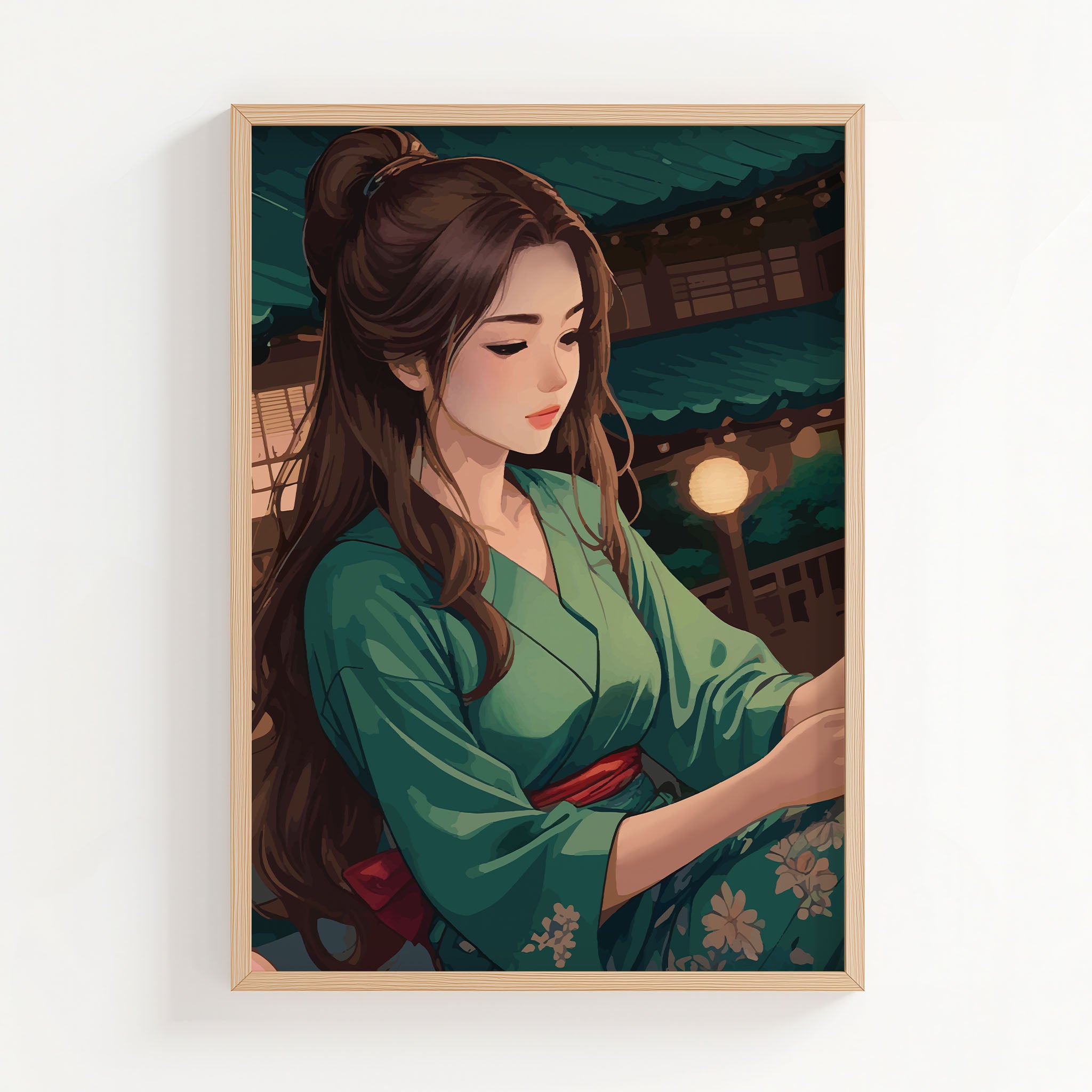 Elegant digital artwork of a woman in a green kimono under lantern lights, set in a serene traditional Japanese evening scene - printable wall art for cultural and aesthetic interiors