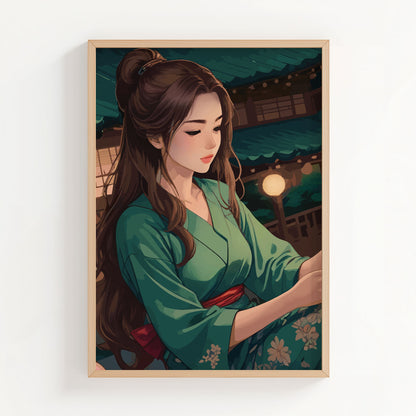 Elegant digital artwork of a woman in a green kimono under lantern lights, set in a serene traditional Japanese evening scene - printable wall art for cultural and aesthetic interiors