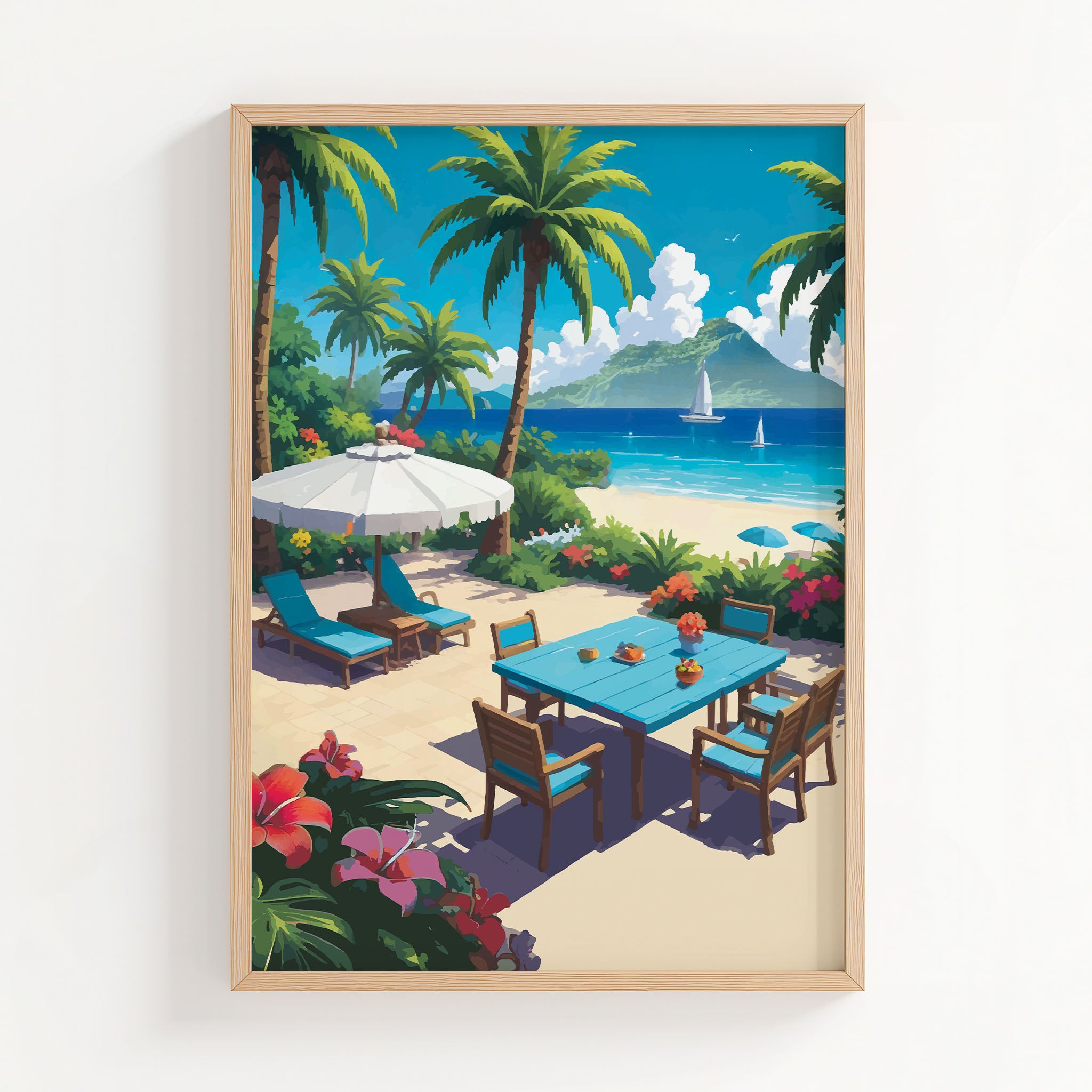 Tropical beachside printable wall art featuring a vibrant patio scene with a blue dining table, lounge chairs under a white umbrella, palm trees, colorful flowers, and sailboats on turquoise waters with a lush island in the background - perfect for summer, coastal, or vacation-themed decor