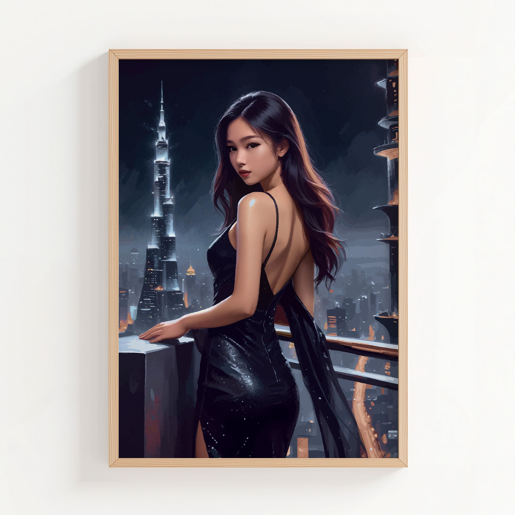 Elegant digital wall art of a woman in a sleek black evening gown standing on a balcony, gazing over a glowing futuristic city skyline at night with illuminated skyscrapers