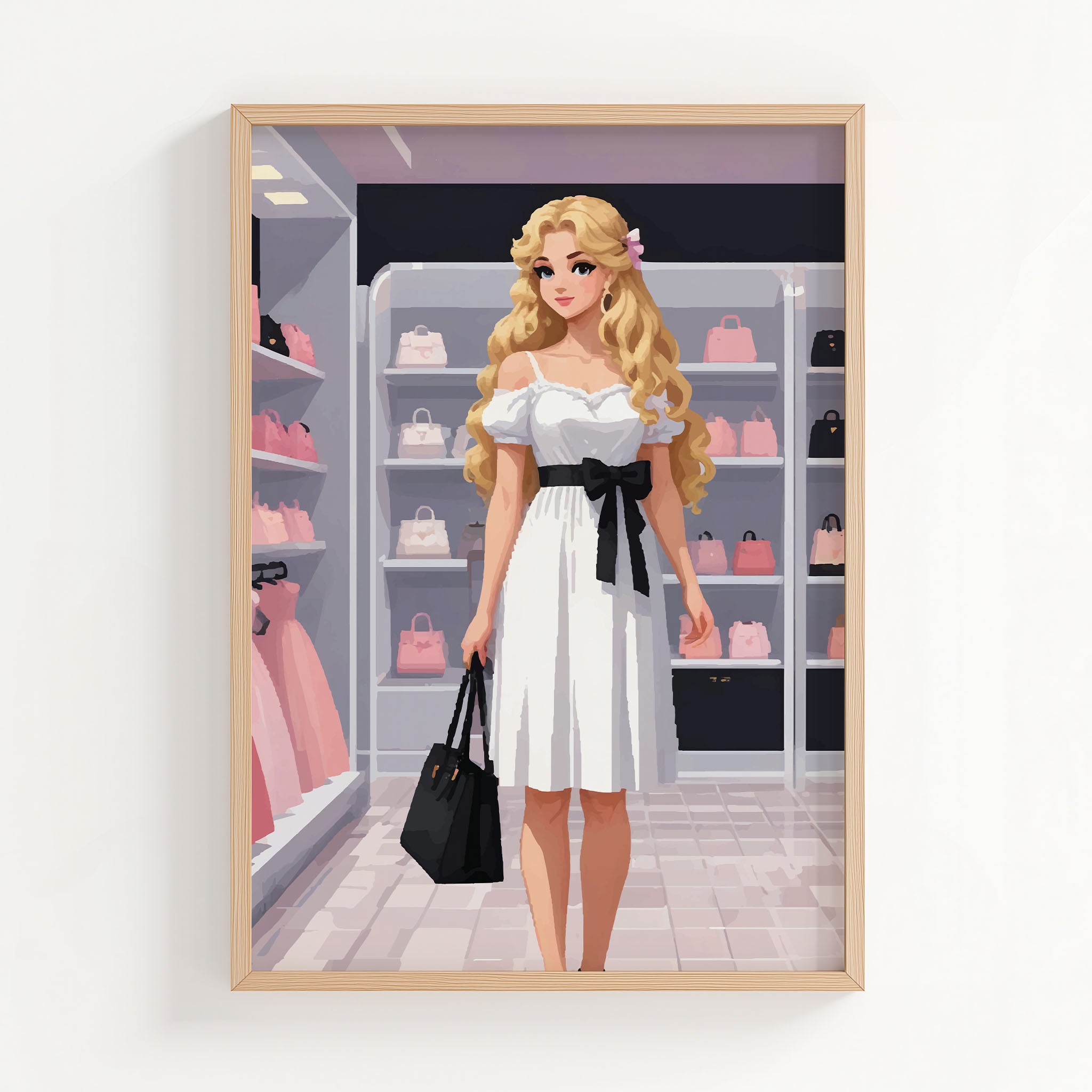 Elegant digital illustration of a stylish woman in a white dress with a black bow, shopping in a boutique filled with pastel handbags, chic printable wall art for fashion lovers and modern interiors