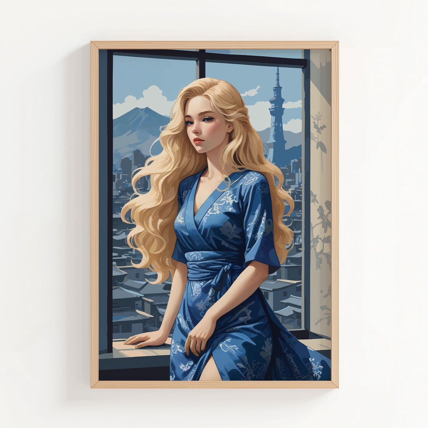 Elegant illustration of a blonde woman in a flowing blue kimono-style dress standing by a large window overlooking a city skyline. Soft sunlight highlights her wavy hair as distant mountains and a tall tower rise in the background, creating a calm and sophisticated atmosphere.