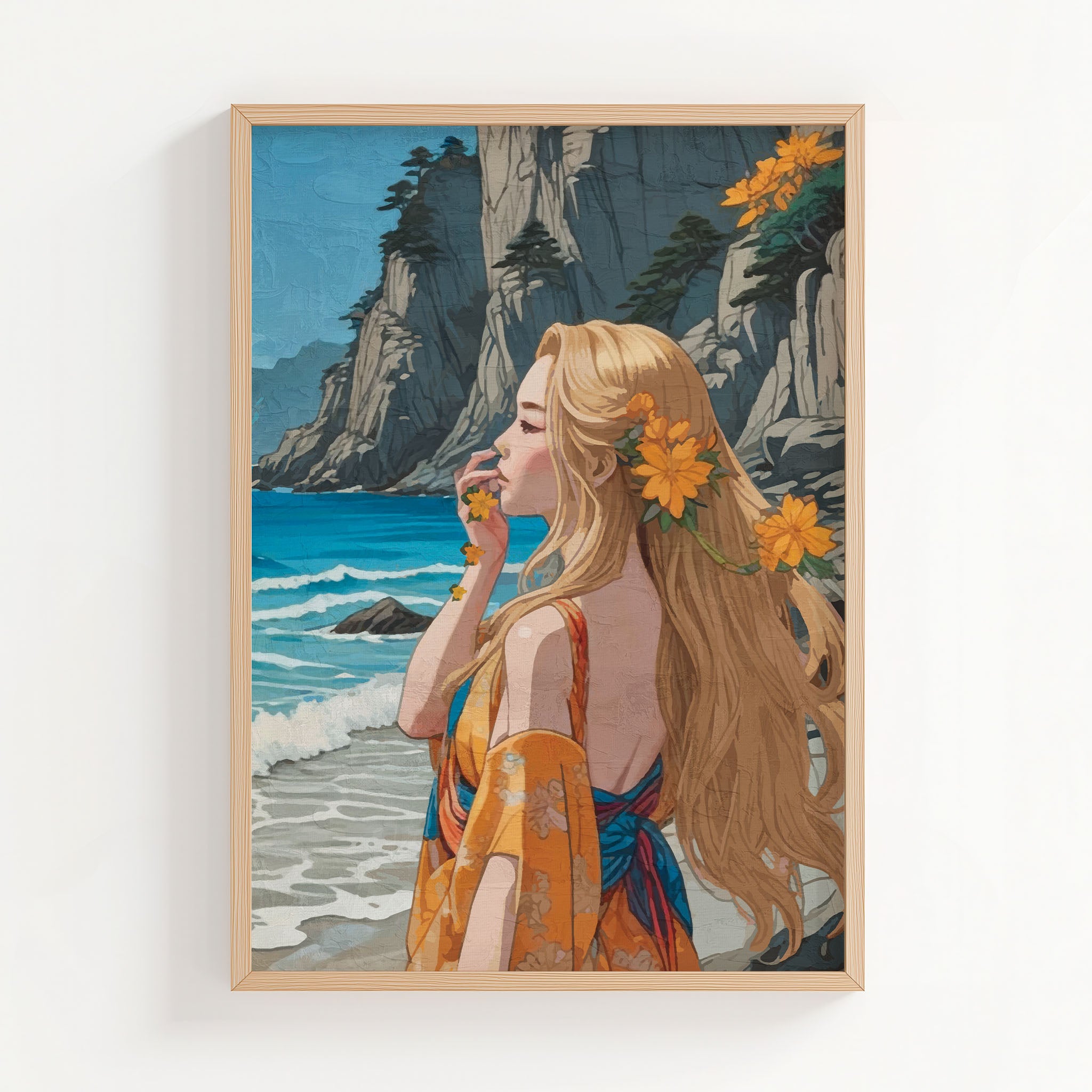 Elegant digital painting of a blonde woman in a floral robe standing by the ocean, surrounded by cliffs and yellow flowers, coastal boho wall art print
