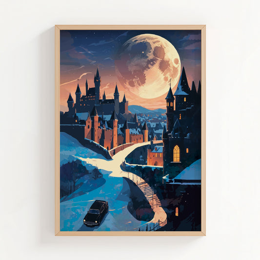 Magical night scene featuring a grand castle illuminated under a massive glowing full moon. A winding road and bridge lead to the castle gates as a car approaches through the snowy landscape, creating a mysterious and enchanting fantasy atmosphere.