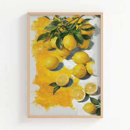Printable wall art of vibrant yellow lemons with green leaves, some whole and some sliced, set against a textured white and yellow painted background, perfect for kitchen, farmhouse, or citrus-themed decor