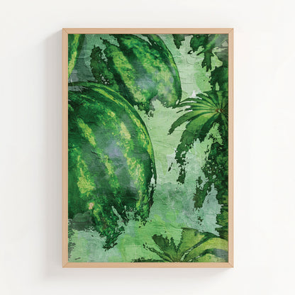 Rustic watercolor-style printable wall art featuring ripe green watermelons and lush leafy vines, ideal for kitchen, market, or farmhouse-themed decor