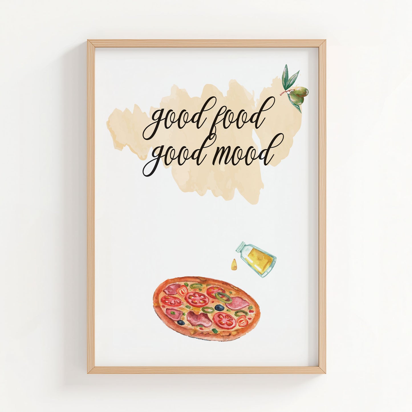 Whimsical kitchen wall art featuring a watercolor pizza slice, olive oil bottle, and olives with the handwritten phrase 'Good food, good mood' a cheerful culinary print perfect for cozy kitchen decor.