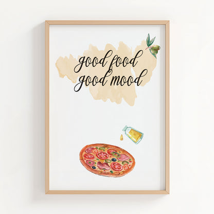 Whimsical kitchen wall art featuring a watercolor pizza slice, olive oil bottle, and olives with the handwritten phrase 'Good food, good mood' a cheerful culinary print perfect for cozy kitchen decor.