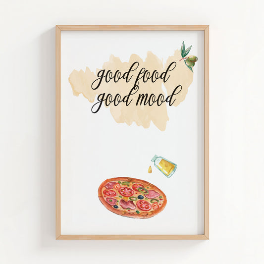 Whimsical kitchen wall art featuring a watercolor pizza slice, olive oil bottle, and olives with the handwritten phrase 'Good food, good mood' a cheerful culinary print perfect for cozy kitchen decor.