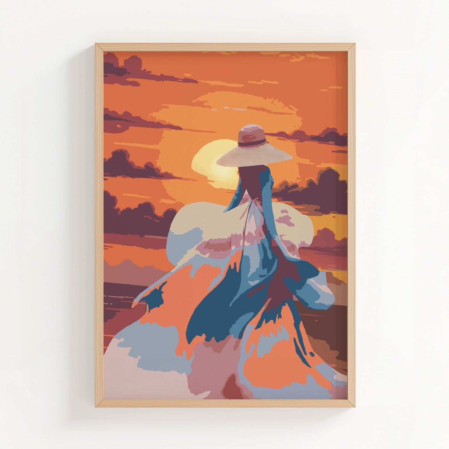 Romantic printable wall art featuring a woman in a flowing dress and wide-brimmed hat walking into a vibrant orange sunset, with abstract brushstrokes capturing movement, elegance, and a dreamy atmosphere