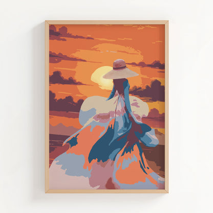 Romantic printable wall art featuring a woman in a flowing dress and wide-brimmed hat walking into a vibrant orange sunset, with abstract brushstrokes capturing movement, elegance, and a dreamy atmosphere