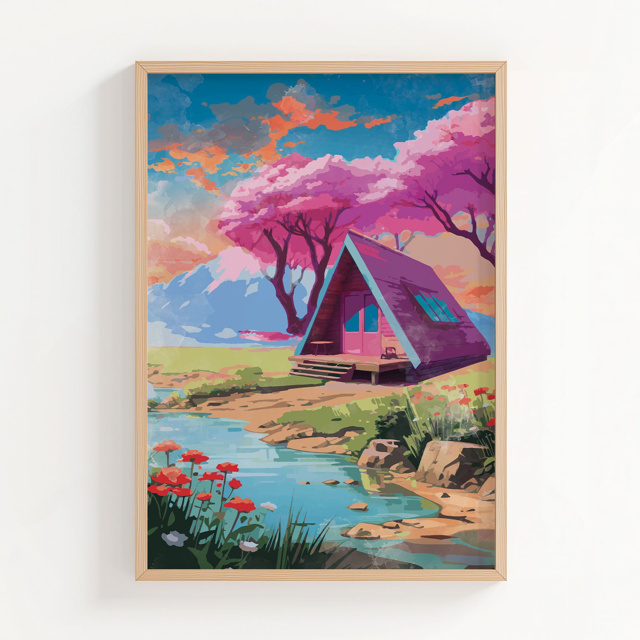 Whimsical cabin wall art featuring a modern A-frame house beside a tranquil stream, surrounded by blooming wildflowers, cherry blossom trees, and pastel skies with mountain views in the background