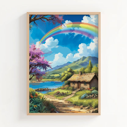 Whimsical countryside illustration featuring a cozy thatched cottage beside a peaceful lake, surrounded by rolling green hills, blooming trees, and a vibrant rainbow arching across a bright blue sky. Dreamy nature wall art with a fairytale, cottagecore aesthetic and soft, uplifting colors. Printable Wall Art. Digital Download.
