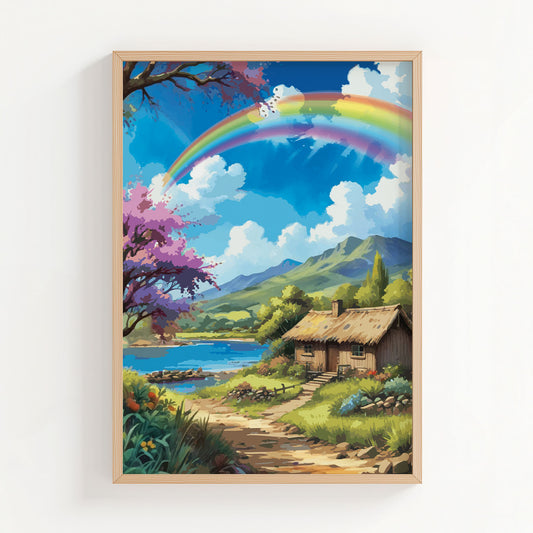 Whimsical countryside illustration featuring a cozy thatched cottage beside a peaceful lake, surrounded by rolling green hills, blooming trees, and a vibrant rainbow arching across a bright blue sky. Dreamy nature wall art with a fairytale, cottagecore aesthetic and soft, uplifting colors. Printable Wall Art. Digital Download.